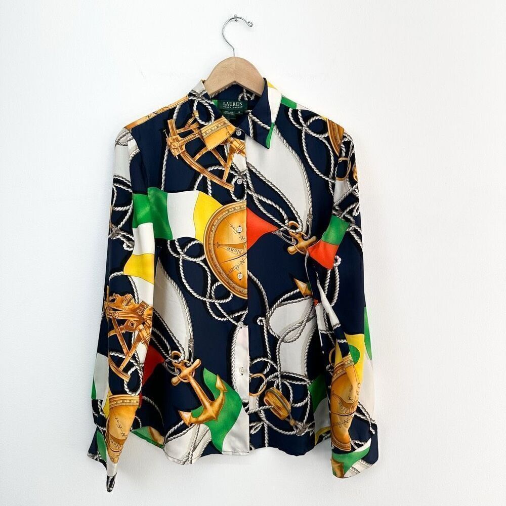 Lauren Ralph Lauren Women’s Vintage 90s Y2K Silk Nautical Novelty Button Up